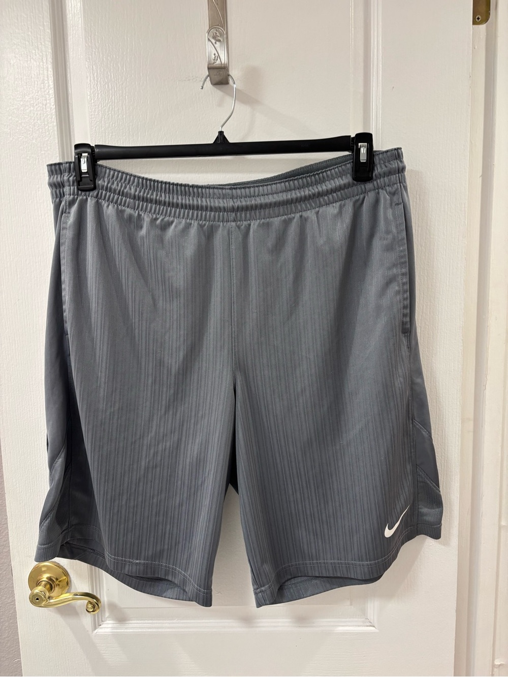 Nike Men’s Gray Athletic Shorts with White Swoosh Elastic Waist Drawstring